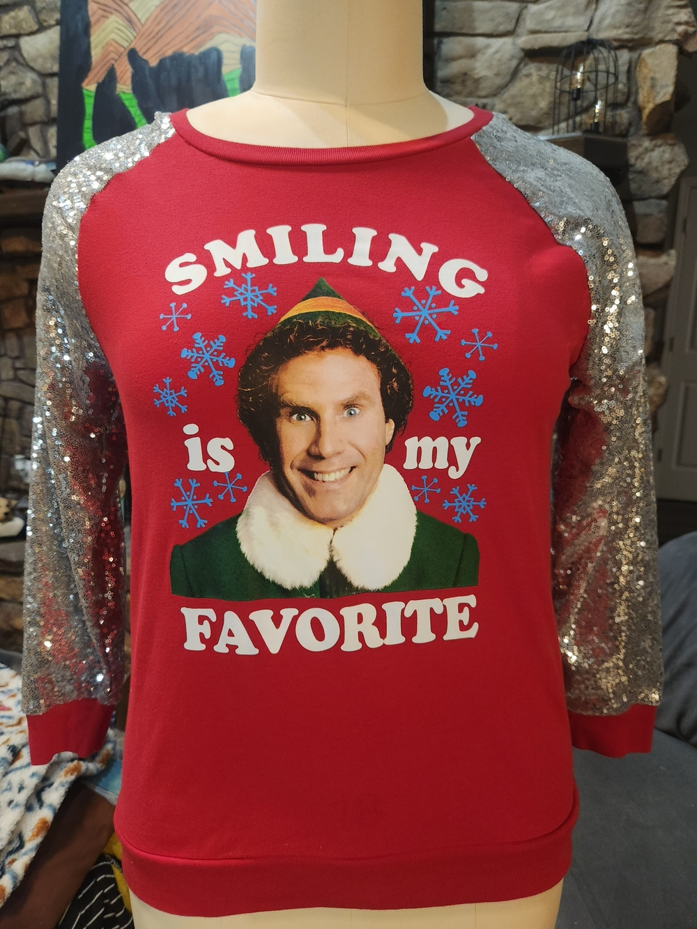 ELF Red Holiday Sequin-Sleeve Graphic Jersey